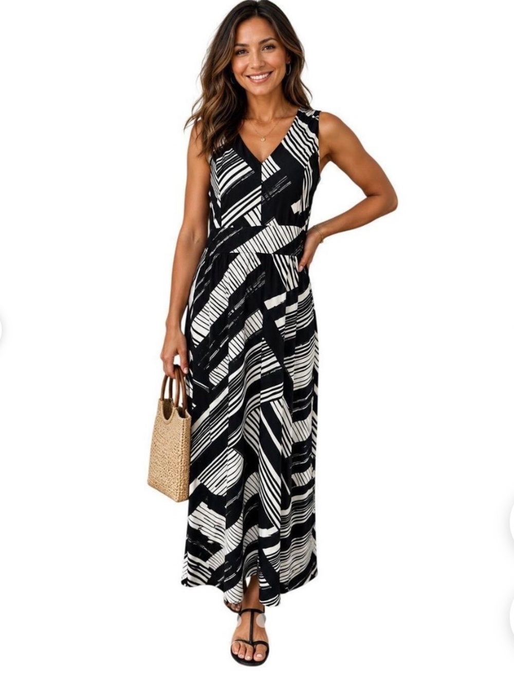 Soma Maxi Dress Black/White Brushstroke Striped Sz L Super Soft Stretch